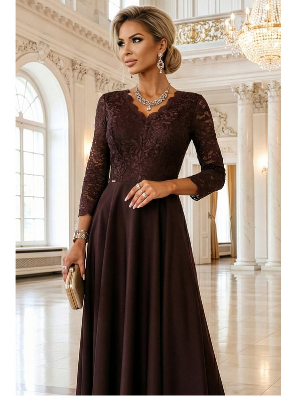 numoco AMBER elegantne duge čipkaste haljine s dekolteom - čokoladne