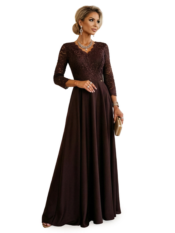 numoco AMBER elegantne duge čipkaste haljine s dekolteom - čokoladne