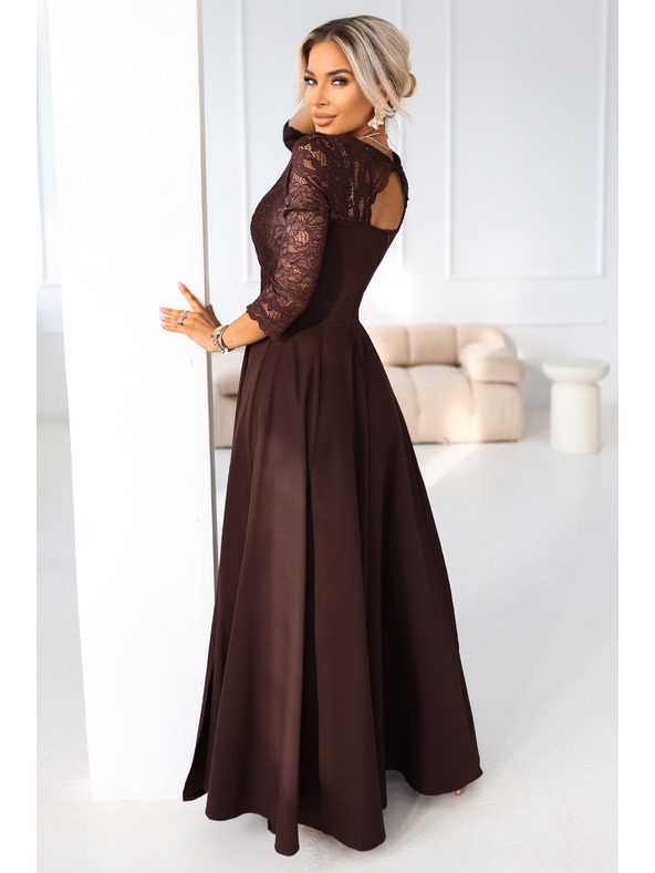 numoco AMBER elegantne duge čipkaste haljine s dekolteom - čokoladne