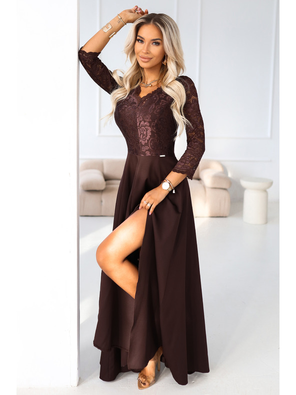 numoco AMBER elegantne duge čipkaste haljine s dekolteom - čokoladne