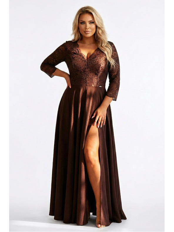numoco AMBER elegantne duge čipkaste haljine s dekolteom - čokoladne