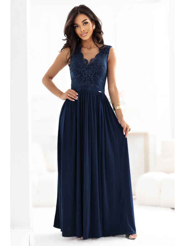 numoco LEA Duge elegantne maxi haljine s čipkanim gornjim dijelom i prorezom na nozi - tamno plave