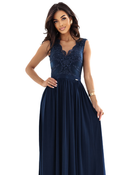 numoco LEA Duge elegantne maxi haljine s čipkanim gornjim dijelom i prorezom na nozi - tamno plave