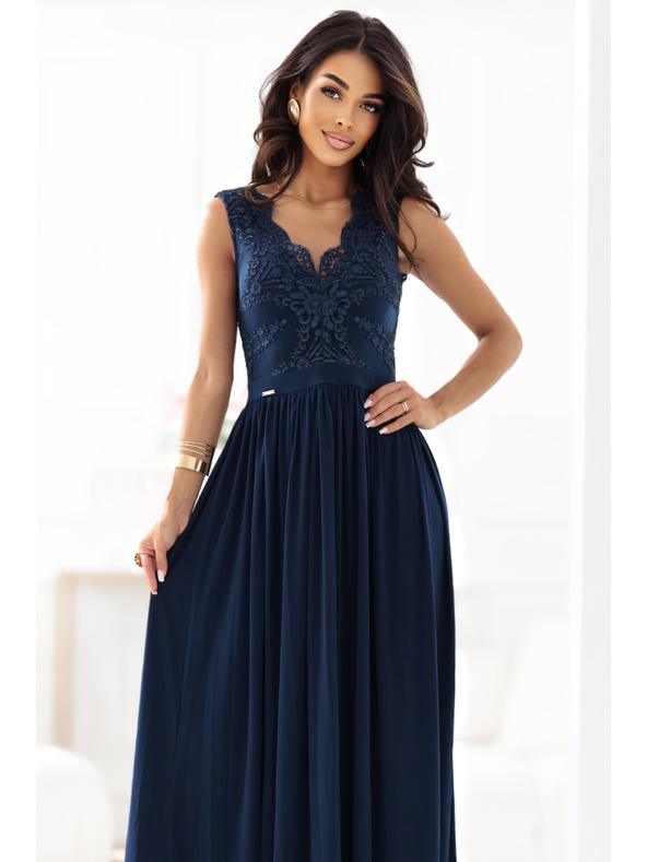 numoco LEA Duge elegantne maxi haljine s čipkanim gornjim dijelom i prorezom na nozi - tamno plave
