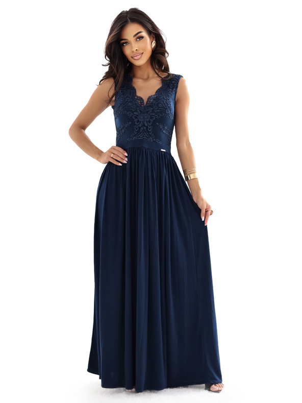 numoco LEA Duge elegantne maxi haljine s čipkanim gornjim dijelom i prorezom na nozi - tamno plave