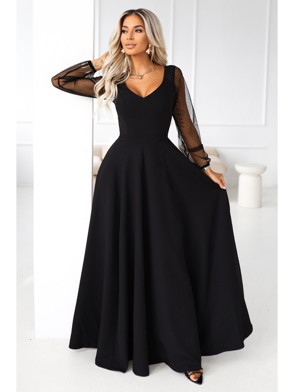 numoco LORETTA jedinstvene duge haljine s tijelom rukavima i dekolteom - crne