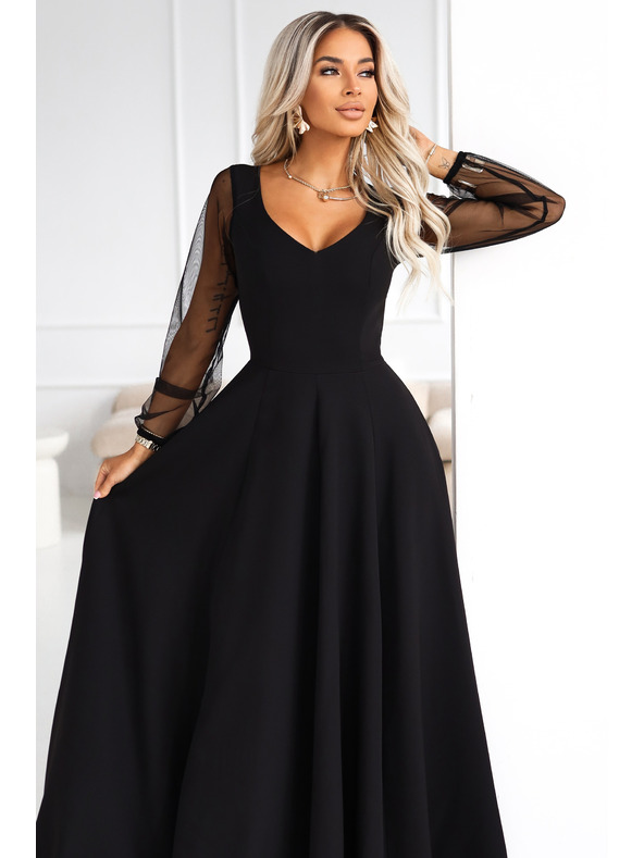 numoco LORETTA jedinstvene duge haljine s tijelom rukavima i dekolteom - crne