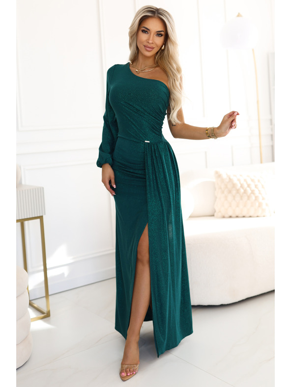 numoco Blistave maxi haljine na jedno rame s asimetričnim rukavima i prorezom - bočasto zelene