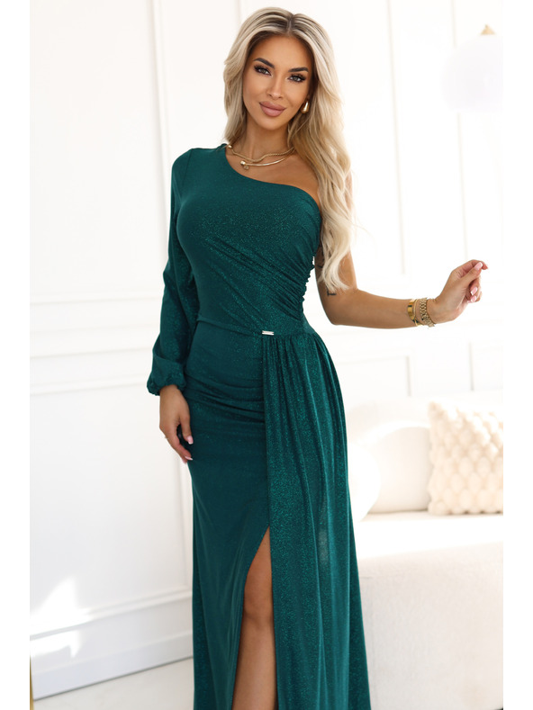 numoco Blistave maxi haljine na jedno rame s asimetričnim rukavima i prorezom - bočasto zelene