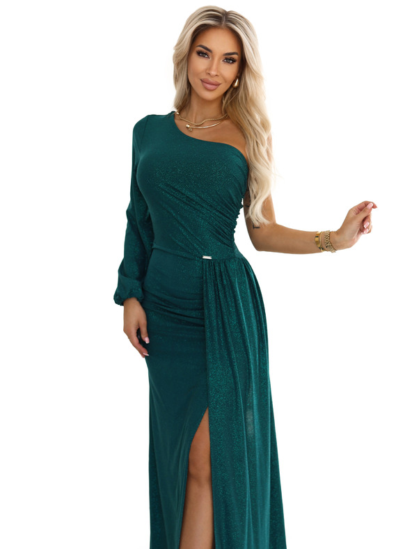 numoco Blistave maxi haljine na jedno rame s asimetričnim rukavima i prorezom - bočasto zelene