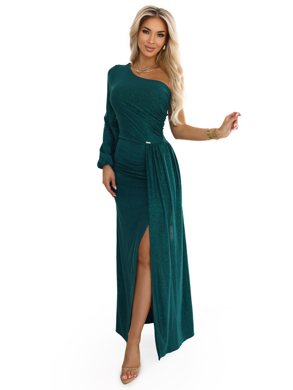 numoco Blistave maxi haljine na jedno rame s asimetričnim rukavima i prorezom - bočasto zelene
