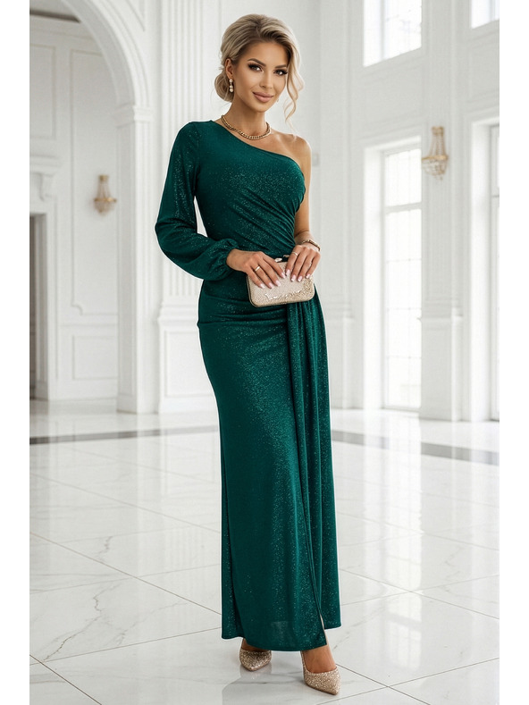 numoco Blistave maxi haljine na jedno rame s asimetričnim rukavima i prorezom - bočasto zelene