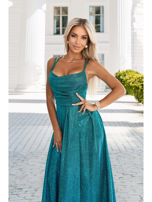 numoco Duge haljine s blagim sjajem i korzetnim vezivanjem na stražnjoj strani - zelene sa šljokicama