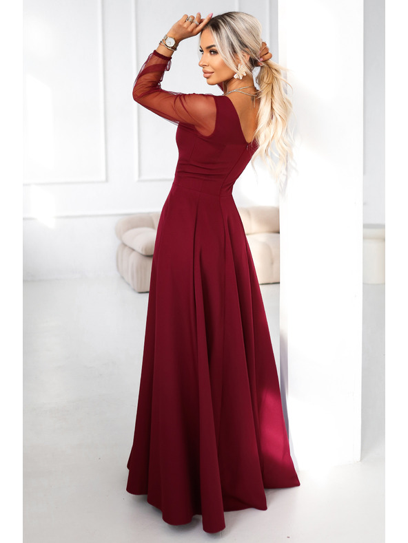 numoco LORETTA jedinstvene duge haljine s tiuleskim rukavima i izrezom - vinsko crvena