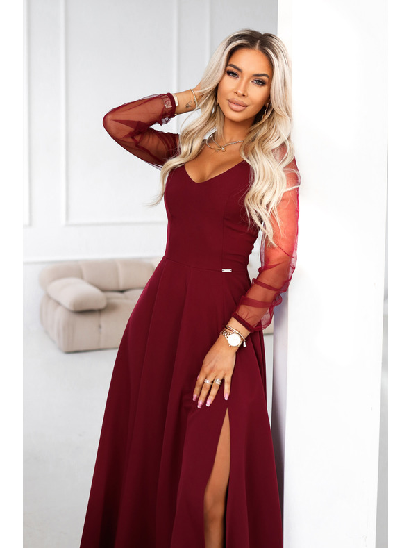 numoco LORETTA jedinstvene duge haljine s tiuleskim rukavima i izrezom - vinsko crvena