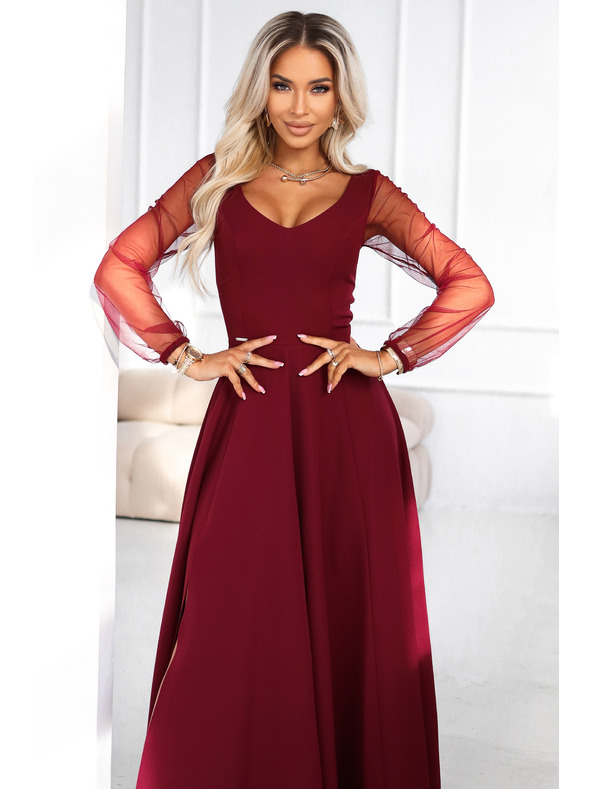 numoco LORETTA jedinstvene duge haljine s tiuleskim rukavima i izrezom - vinsko crvena