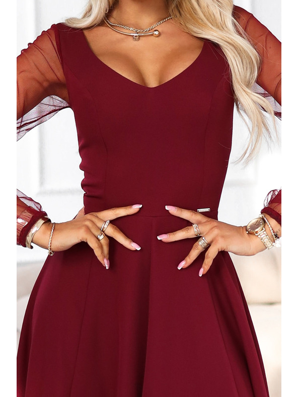 numoco LORETTA jedinstvene duge haljine s tiuleskim rukavima i izrezom - vinsko crvena