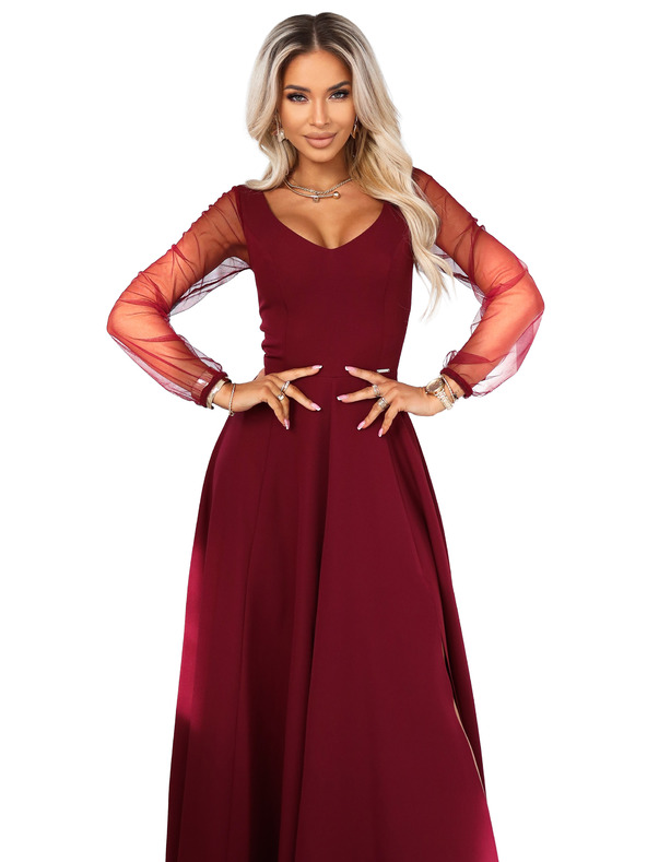 numoco LORETTA jedinstvene duge haljine s tiuleskim rukavima i izrezom - vinsko crvena