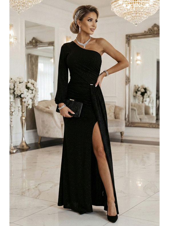 numoco Šljokičaste maxi haljine na jedno rame s asimetričnim rukavima i prorezom - crne