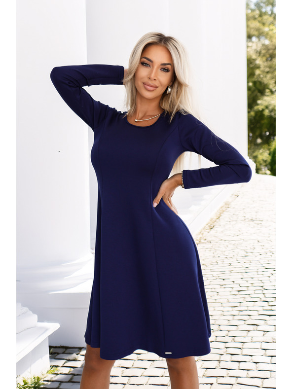 numoco Udobne trapezaste haljine s dugim rukavom - tamno plave