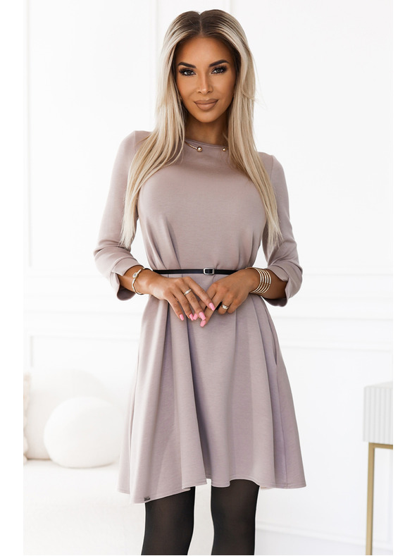 numoco Klasične trapezaste haljine s crnim pojasom - bež