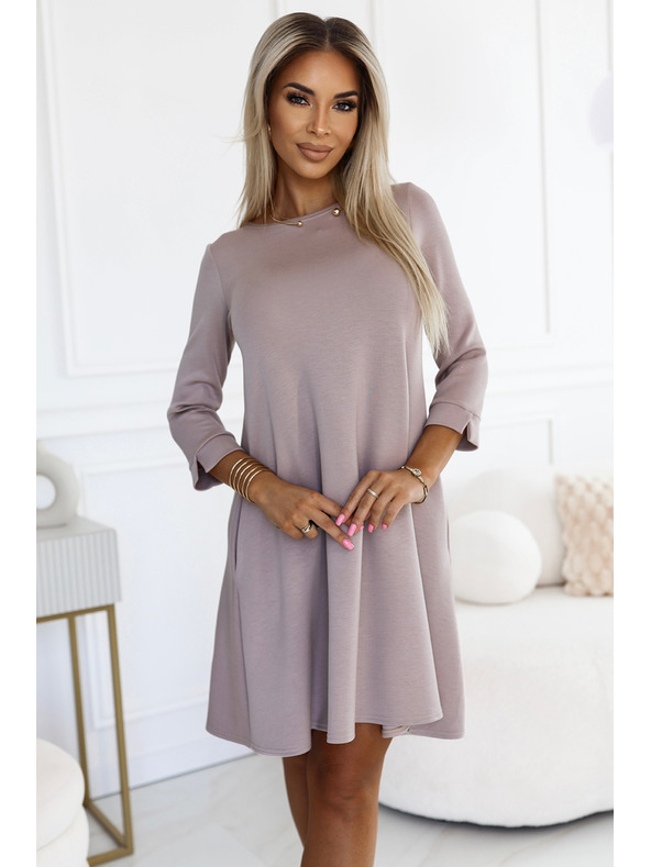 numoco Klasične trapezaste haljine s crnim pojasom - bež