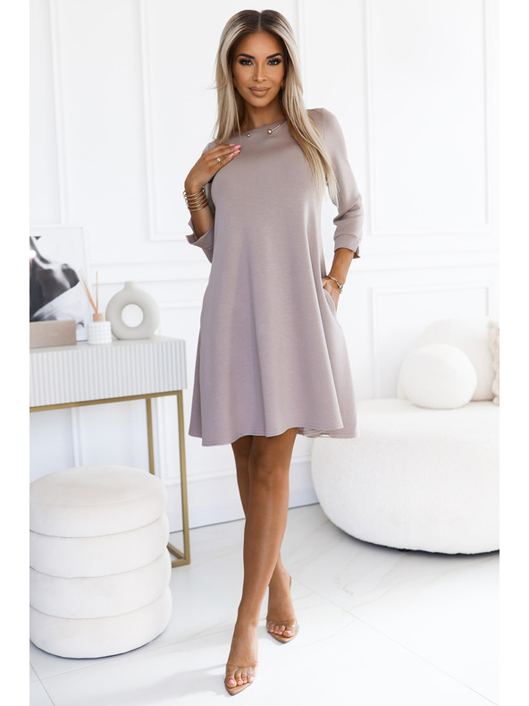 numoco Klasične trapezaste haljine s crnim pojasom - bež