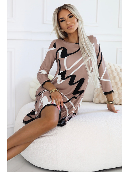 numoco Trapezaste pletene haljine s čipkom - bež s crno-bijelim uzorkom