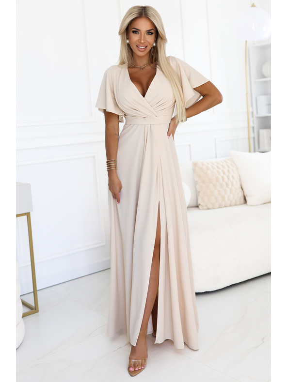 numoco JENNIFER duge haljine s prorezom na nogavici, rukavima i izrezom - bež