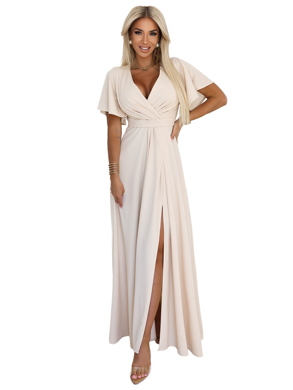 numoco JENNIFER duge haljine s prorezom na nogavici, rukavima i izrezom - bež