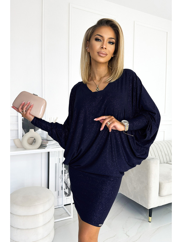 numoco Šišmiš haljina s izrezom - tamno plava sa šljokicama