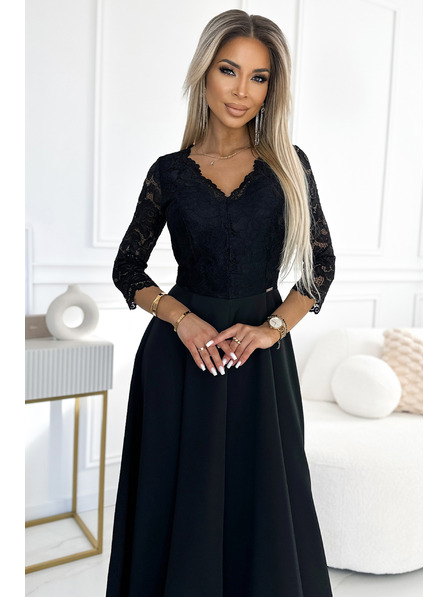 numoco AMBER čipkaste, elegantne duge haljine s izrezom i prorezom na nogavicama - crne