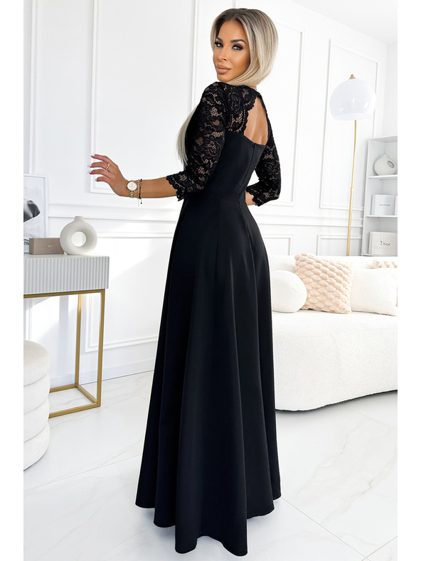numoco AMBER čipkaste, elegantne duge haljine s izrezom i prorezom na nogavicama - crne