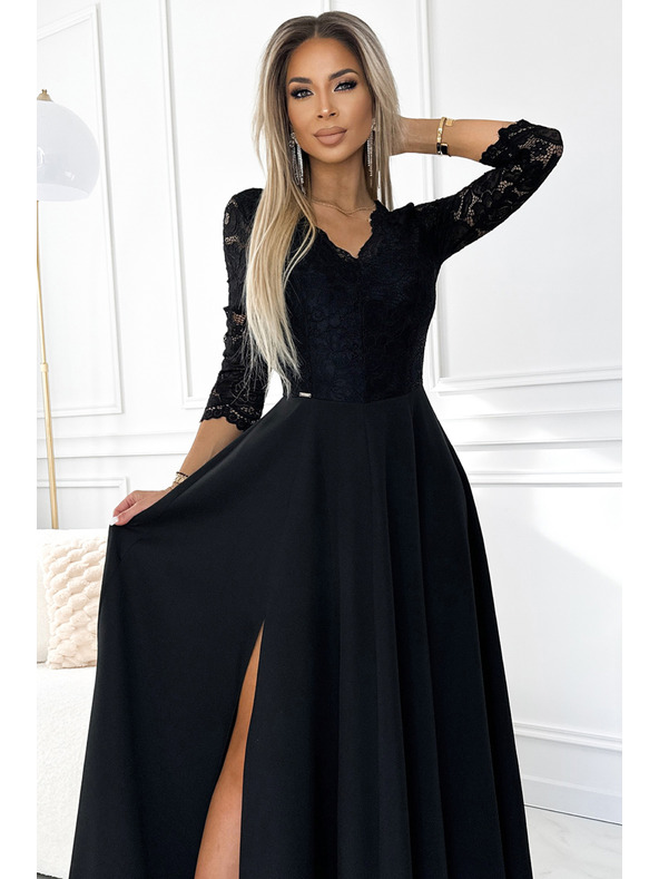 numoco AMBER čipkaste, elegantne duge haljine s izrezom i prorezom na nogavicama - crne