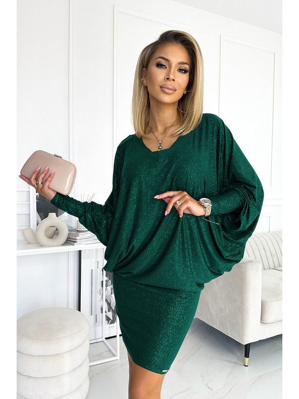 numoco Šišmiš haljina s izrezom - zelena sa šljokicama