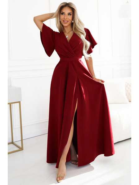 numoco JENNIFER duge haljine s prorezom na nogavicama, rukavu i dekolteom - boja vina