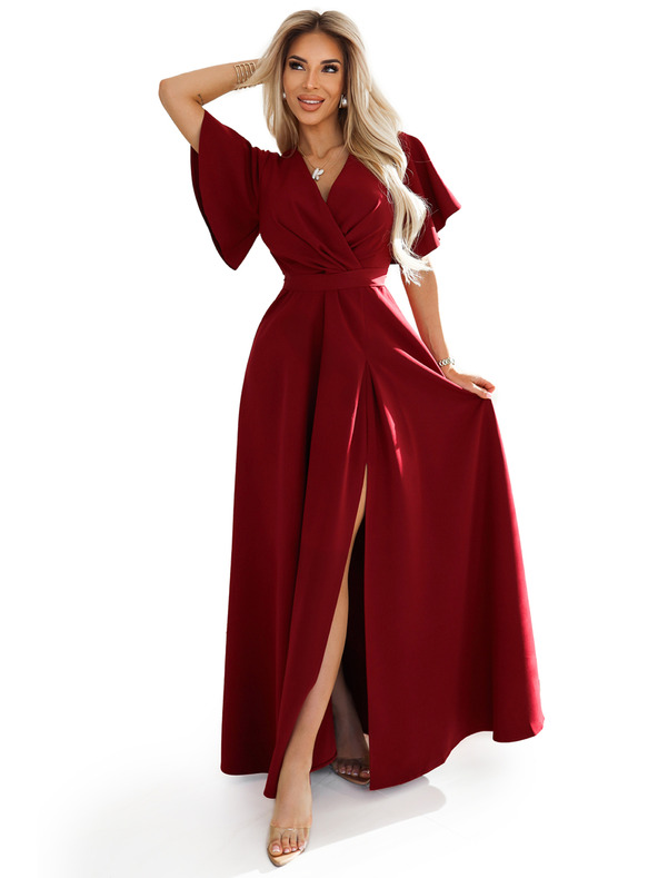 numoco JENNIFER duge haljine s prorezom na nogavicama, rukavu i dekolteom - boja vina