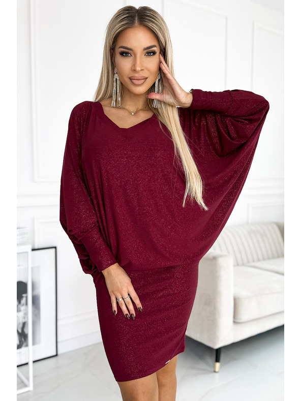 numoco Šišmiš haljine s dekolteom - boja vina sa šljokicama