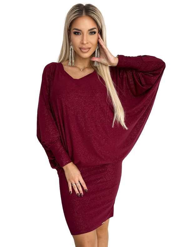 numoco Šišmiš haljine s dekolteom - boja vina sa šljokicama