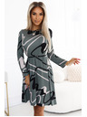 numoco Trapezaste pletene haljine s pojasom - maslinaste s crno-bež uzorkom
