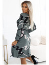 numoco Trapezaste pletene haljine s pojasom - maslinaste s crno-bež uzorkom