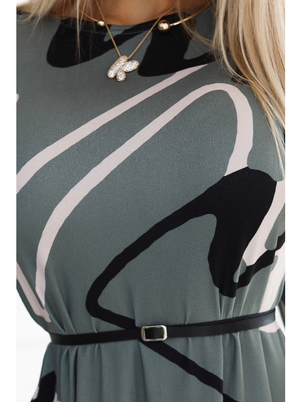 numoco Trapezaste pletene haljine s pojasom - maslinaste s crno-bež uzorkom