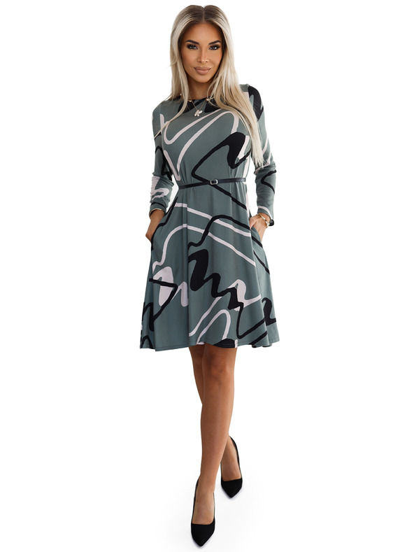 numoco Trapezaste pletene haljine s pojasom - maslinaste s crno-bež uzorkom