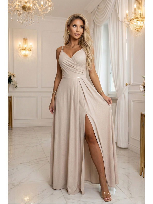 numoco CHIARA Maxi haljina na bretele, s preklopnim izrezom i prorezom na nozi - šampanjsko bež s šljokicama