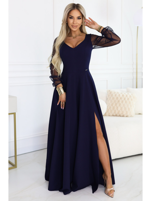 numoco LORETTA jedinstvene duge haljine s til rukavima i dekolteom - tamno plava