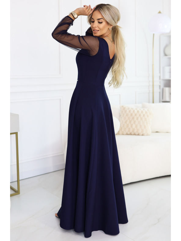 numoco LORETTA jedinstvene duge haljine s til rukavima i dekolteom - tamno plava