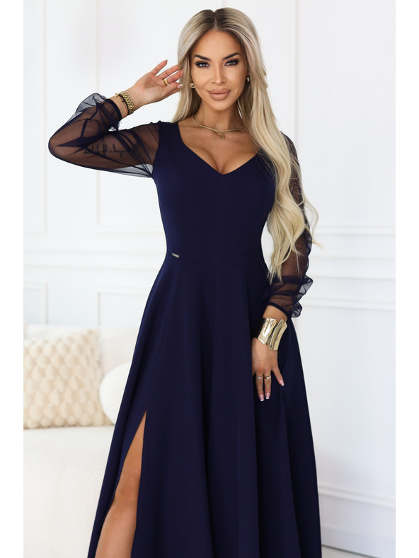 numoco LORETTA jedinstvene duge haljine s til rukavima i dekolteom - tamno plava