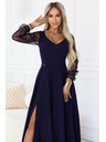 numoco LORETTA jedinstvene duge haljine s til rukavima i dekolteom - tamno plava