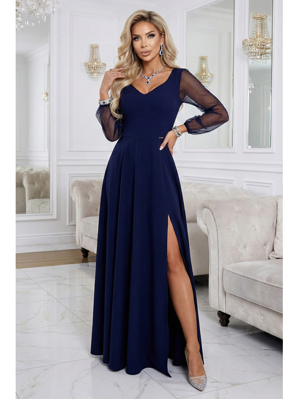 numoco LORETTA jedinstvene duge haljine s til rukavima i dekolteom - tamno plava