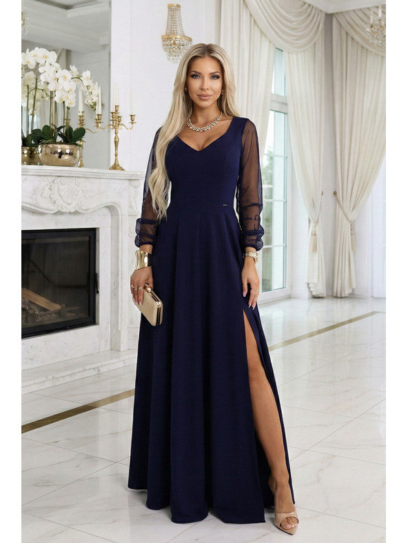 numoco LORETTA jedinstvene duge haljine s til rukavima i dekolteom - tamno plava